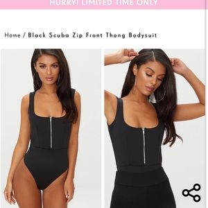 PLT Black Scuba zip front thong bodysuit